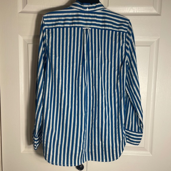 J Crew Classic Fit Shirt Women 8 Blue White Textured Stripe Button Down Blouse - Picture 3 of 13